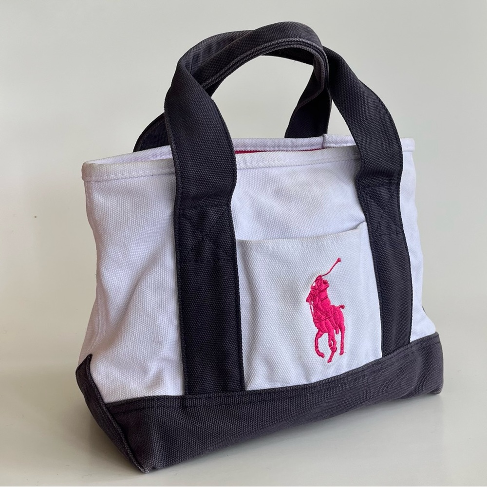 SOLD❗️ Polo Ralph Lauren Small Canvas Tote Big Pony Logo White Blue Preppy Bag - Picture 2 of 11